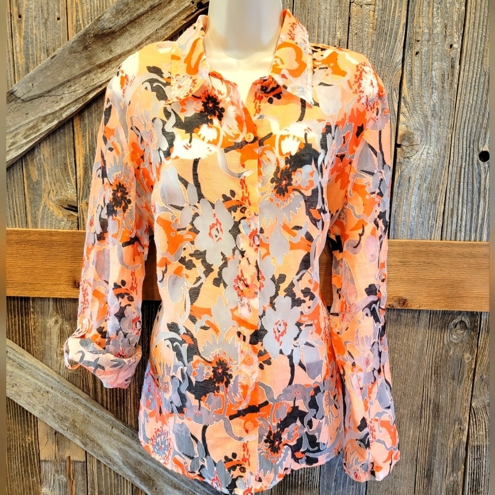 Choices By Chicos Floral Linen Blend sheer Button up. Roll Tab sleeve large L